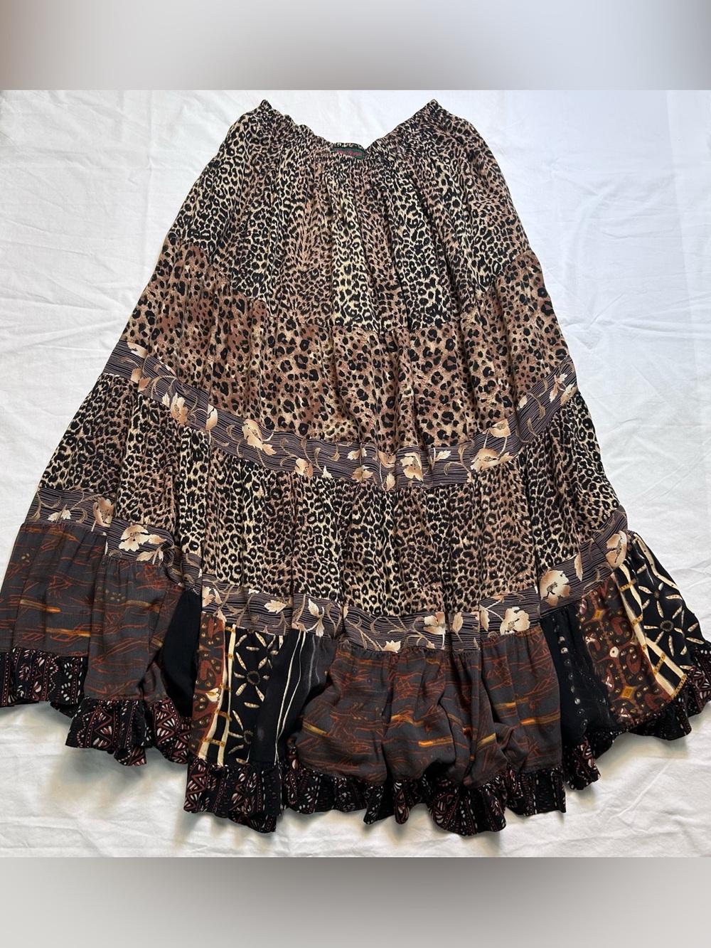 Vintage Anna Konya Animal Print Circle Maxi Skirt Boho Gypsy Ruffle One Size